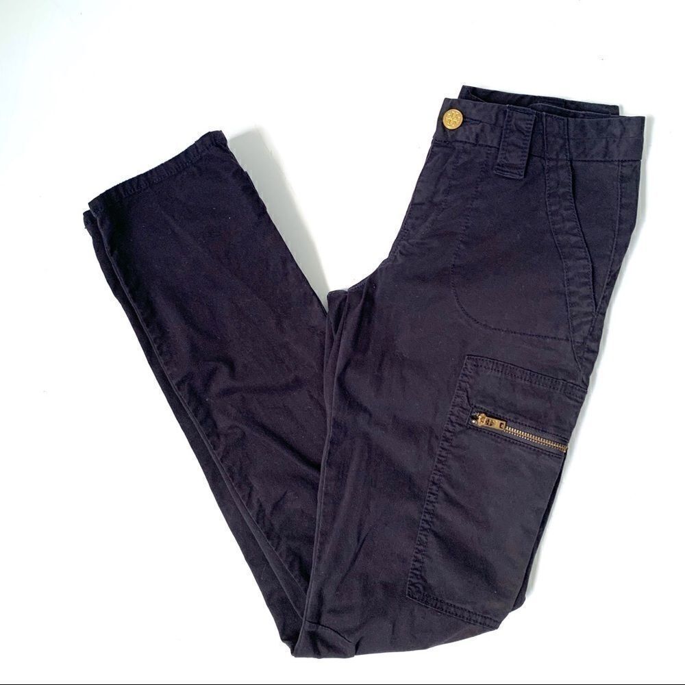 TORY BURCH SLIM CARGO COTTON NAVY STRETCH PANTS